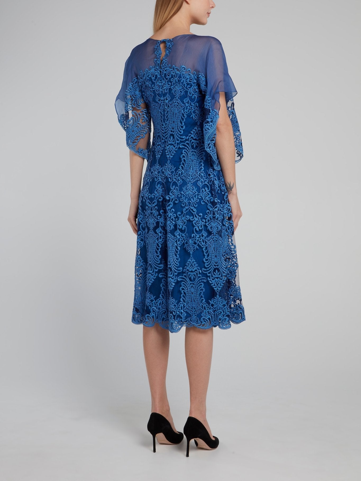 Blue Embroidered Mesh Panel Midi Dress