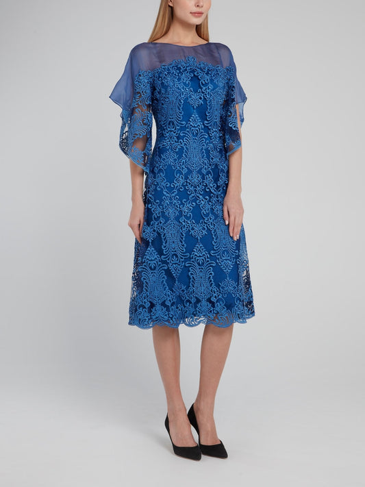 Blue Embroidered Mesh Panel Midi Dress