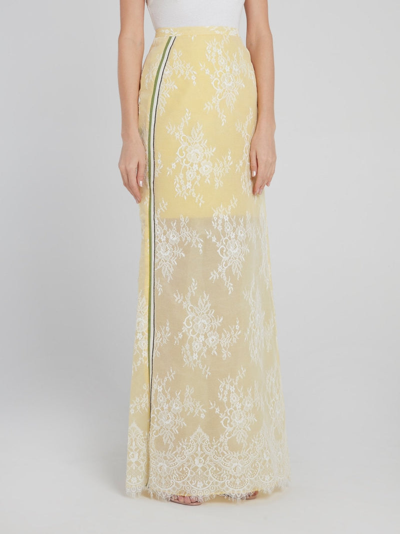 Yellow Floral Detailed Lace Maxi Skirt