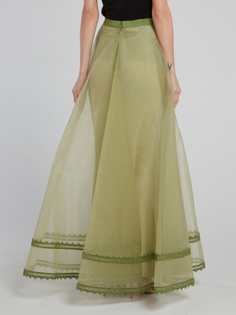 Olive Full Length Lining Mesh Maxi Skirt