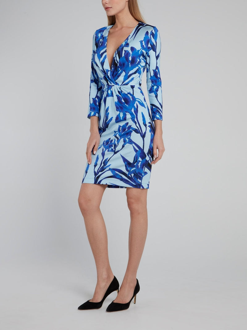 Blue Floral Print Three Quarter Sleeve Dress