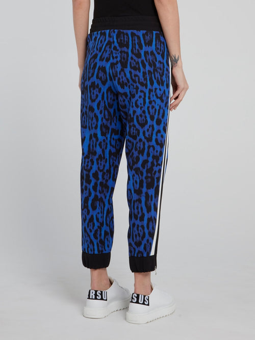 Blue Leopard Effect Side Stripe Cropped Pants