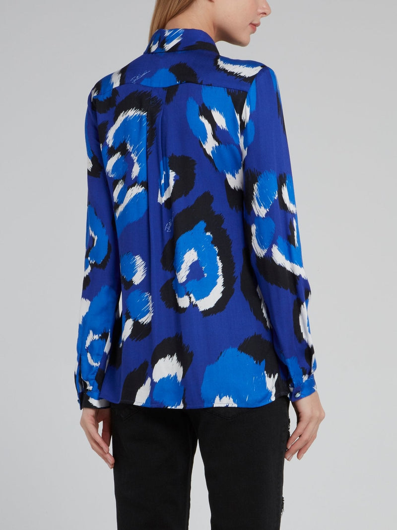 Blue Leopard Effect Long Sleeve Viscose Top