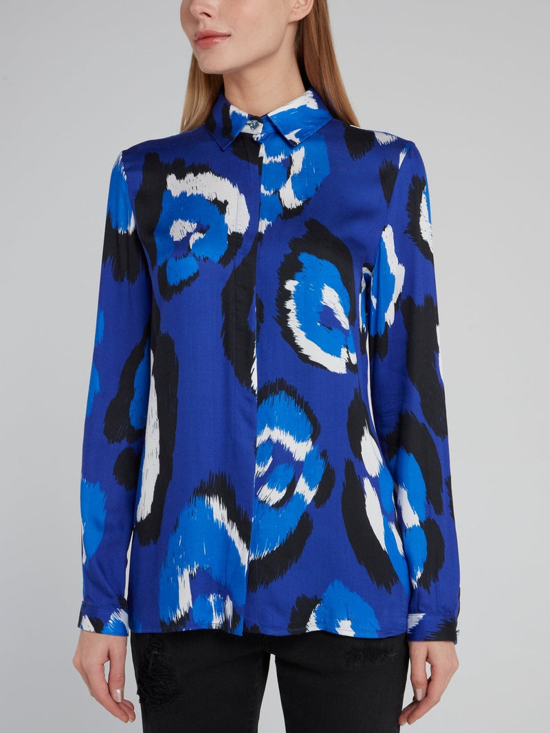 Blue Leopard Effect Long Sleeve Viscose Top