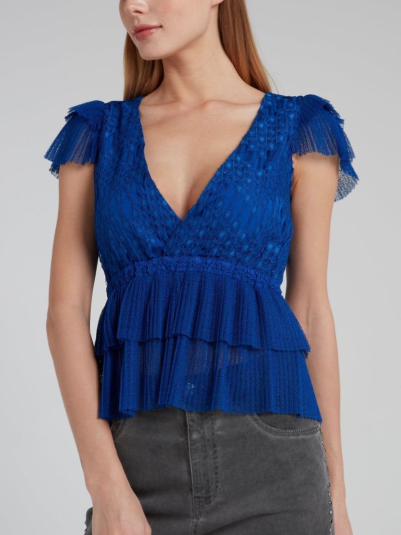 Blue Surplice Ruffle Tulle Top