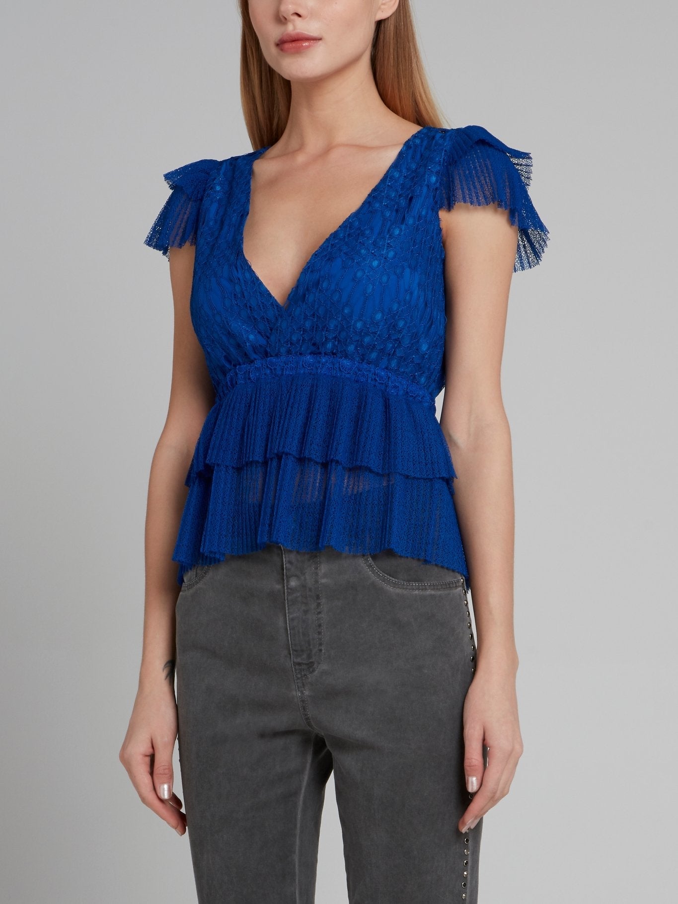 Blue Surplice Ruffle Tulle Top