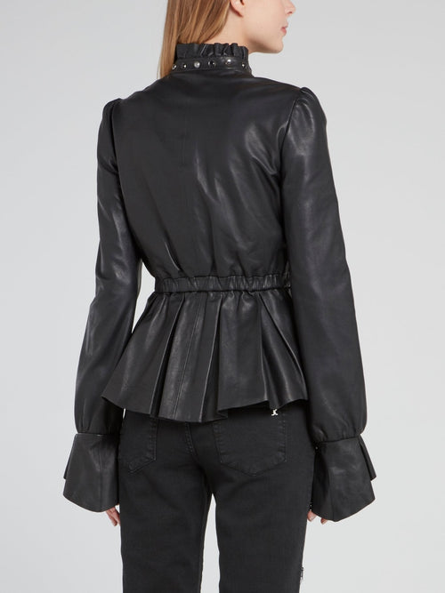 Black Tie Front Frill Leather Jacket