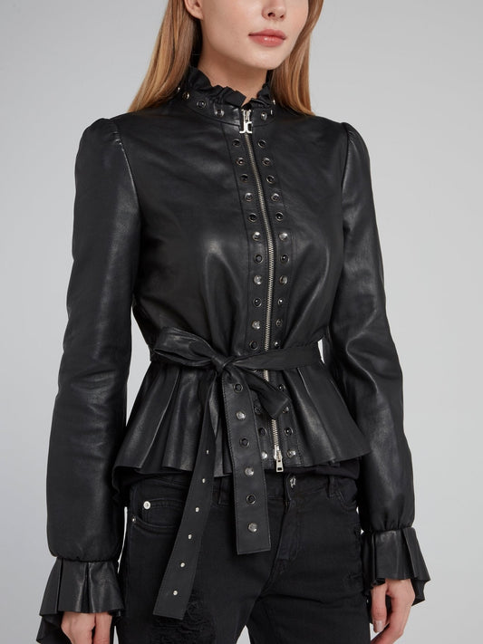 Black Tie Front Frill Leather Jacket