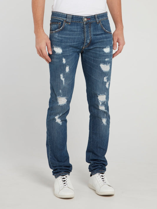 Distressed Straight Cut Denim Jeans