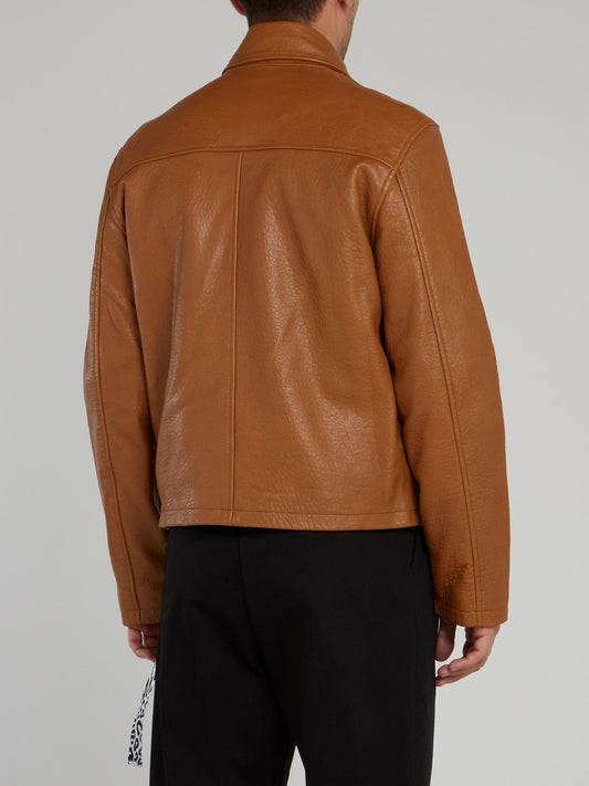 Brown Zip Up Textured Leather Jacket