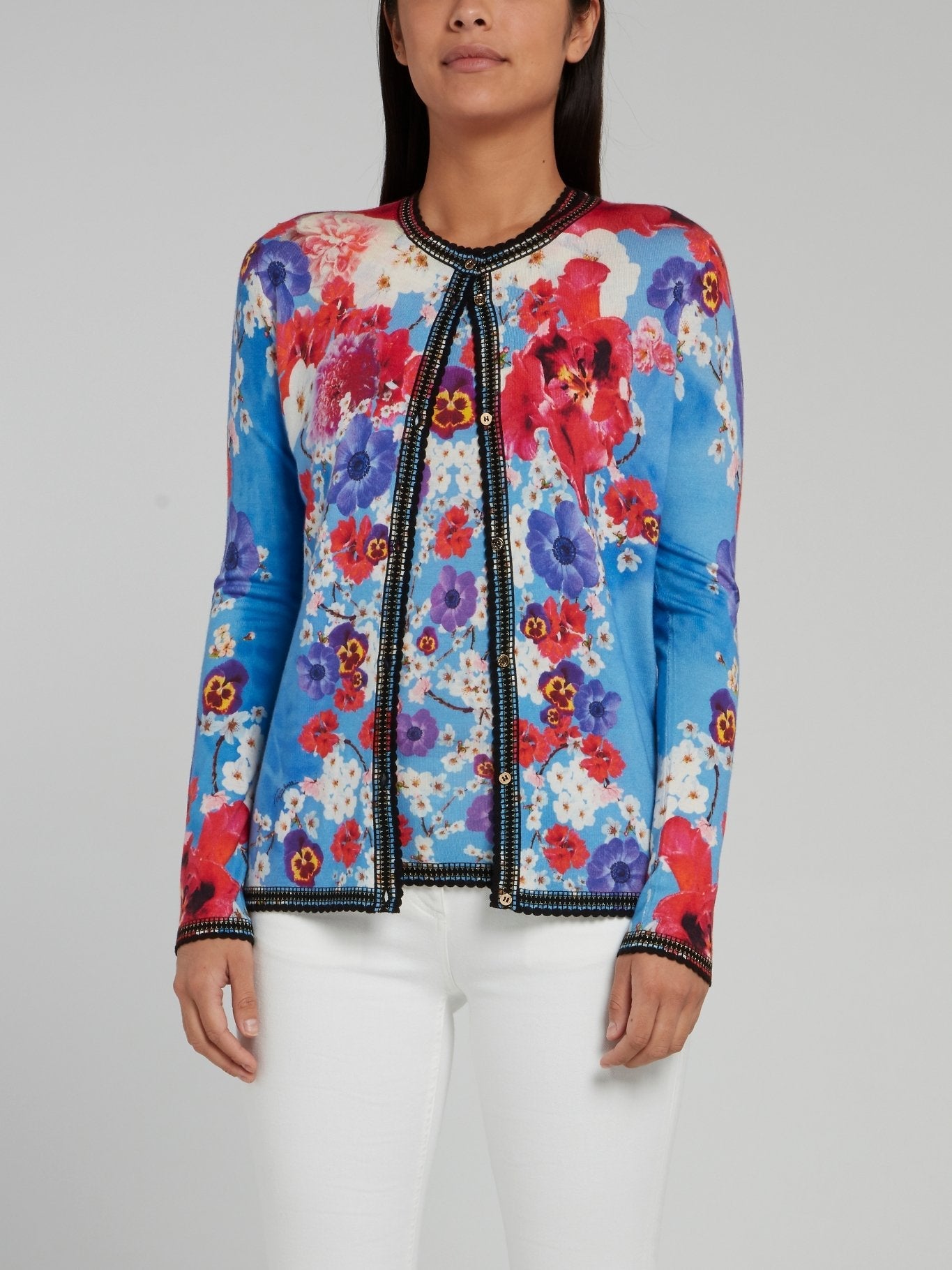 Floral Print Lace Edge Knitted Cardigan