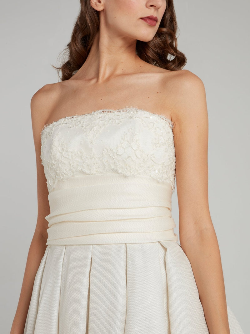 White Straight Across Ruffle Bridal Gown