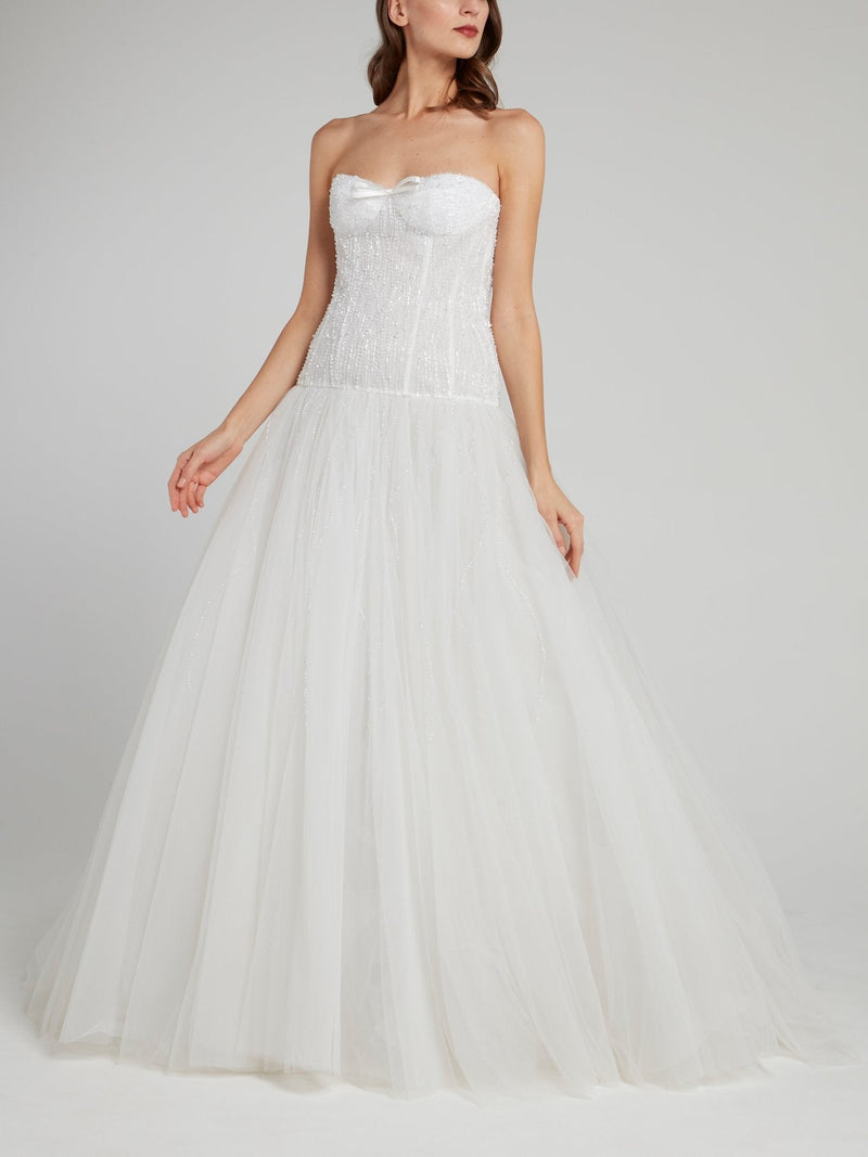 White Beaded Strapless A-Line Bridal Gown