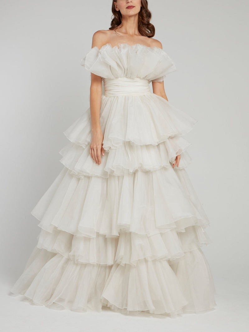 White Tiered Ruffle Empire Bridal Gown