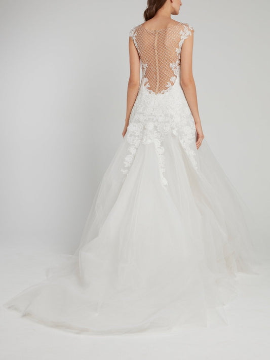 White Net Mesh Panel Tulle Bridal Gown
