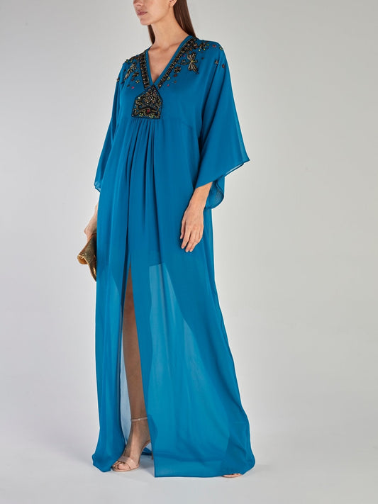 Blue Beadwork Slit Maxi Dress