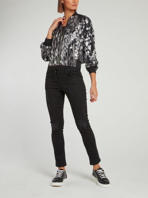 Metallic Sequin Embellished Bomber Jacket