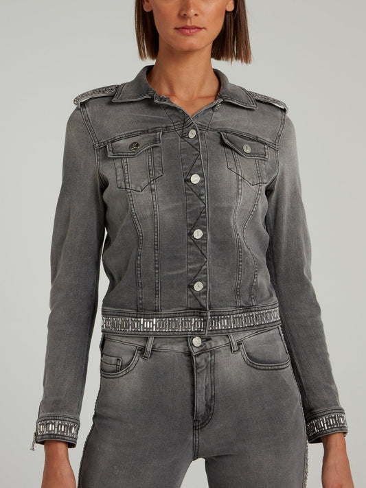 Grey Studded Hem Denim Jacket