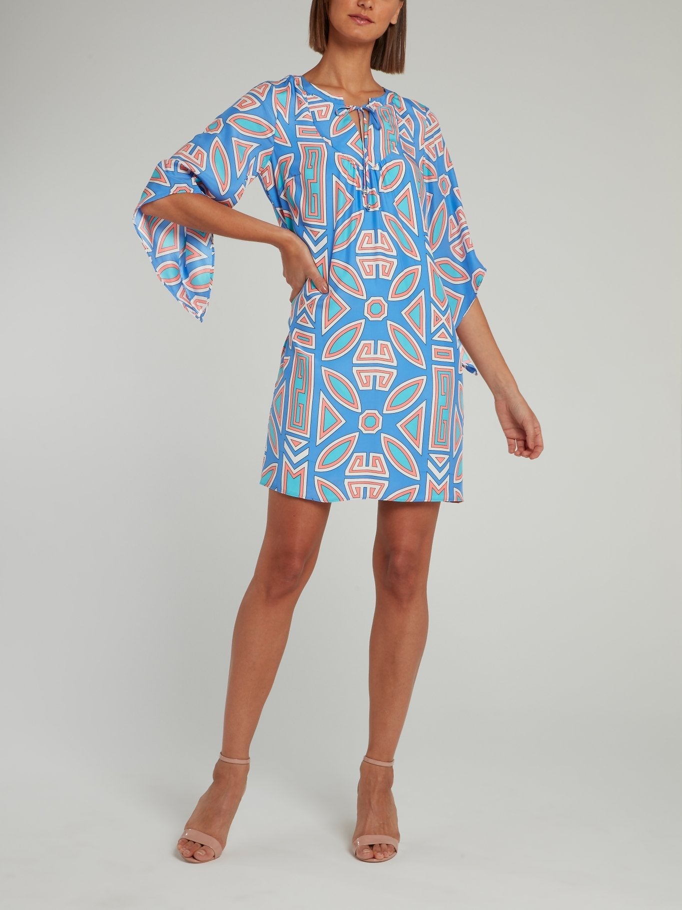 Blue Half Sleeve Silk Mini Dress