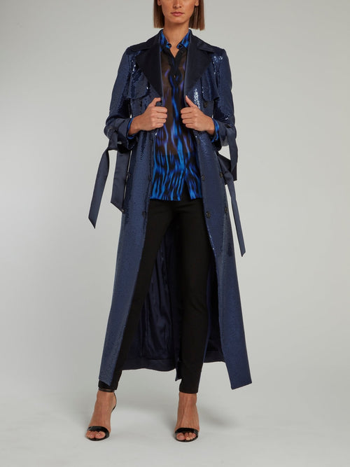 Navy Embellished Tie Cuff Trench Coat