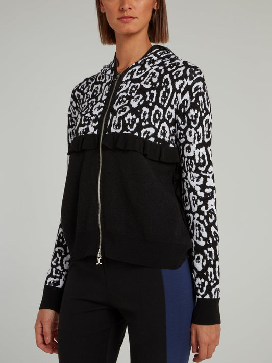 Black and White Mid Frill Leopard Panel Hooded Sweatshirt