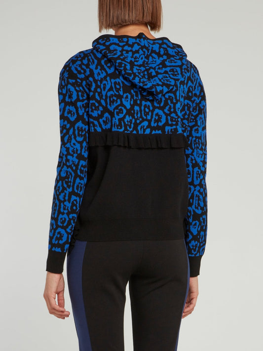 Black and Blue Mid Frill Leopard Panel Hooded Sweatshirt