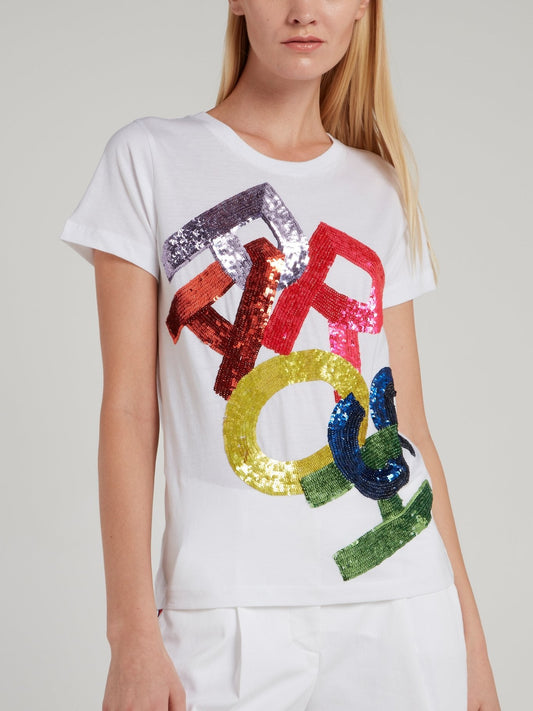 Logo Sequin Embellished Cotton T-Shirt