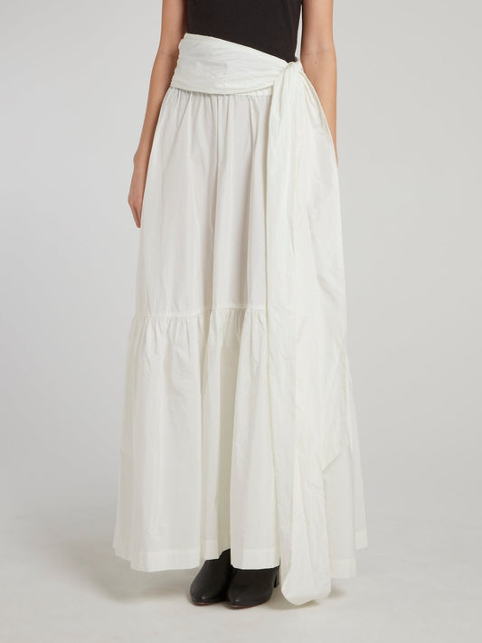 White Tie Side Flared Maxi Skirt