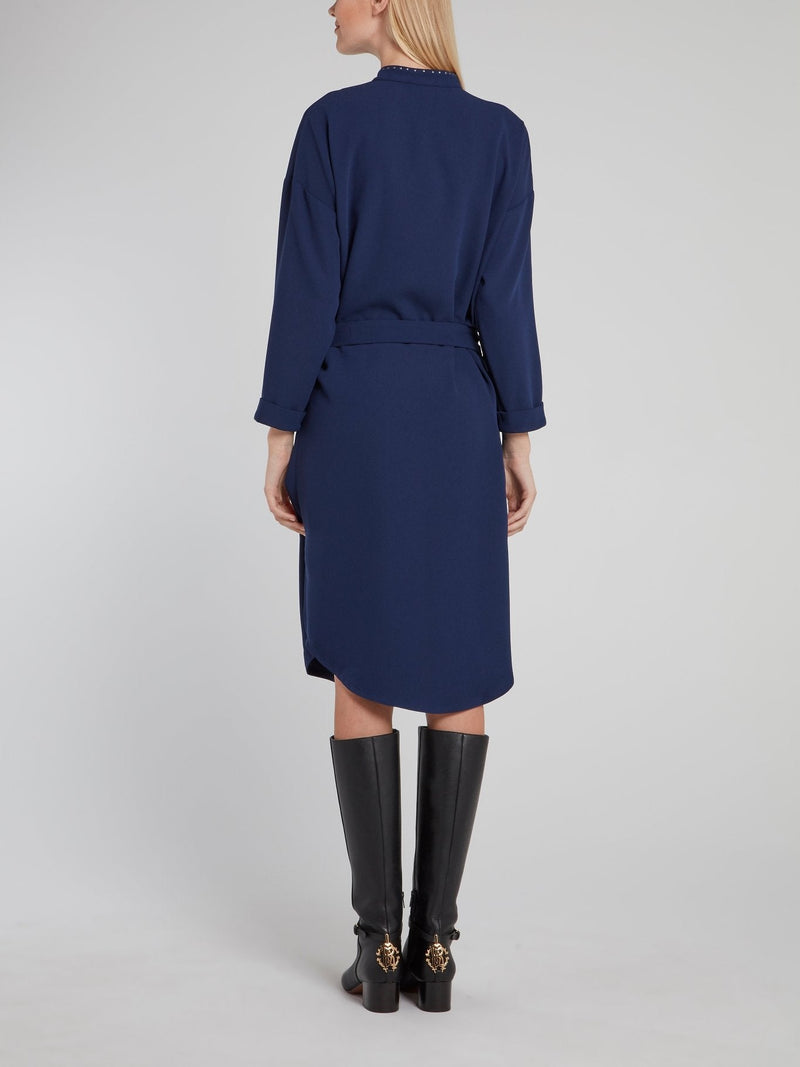 Navy Tie Front Keyhole Midi Dress