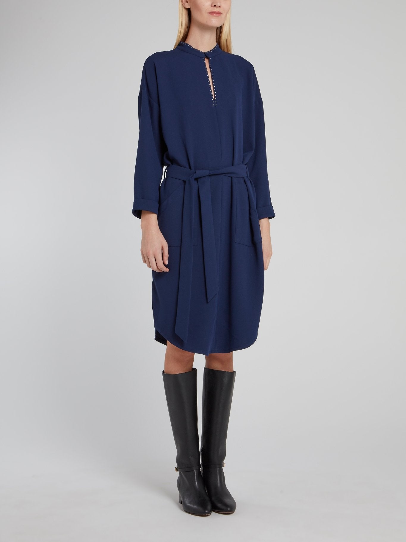 Navy Tie Front Keyhole Midi Dress