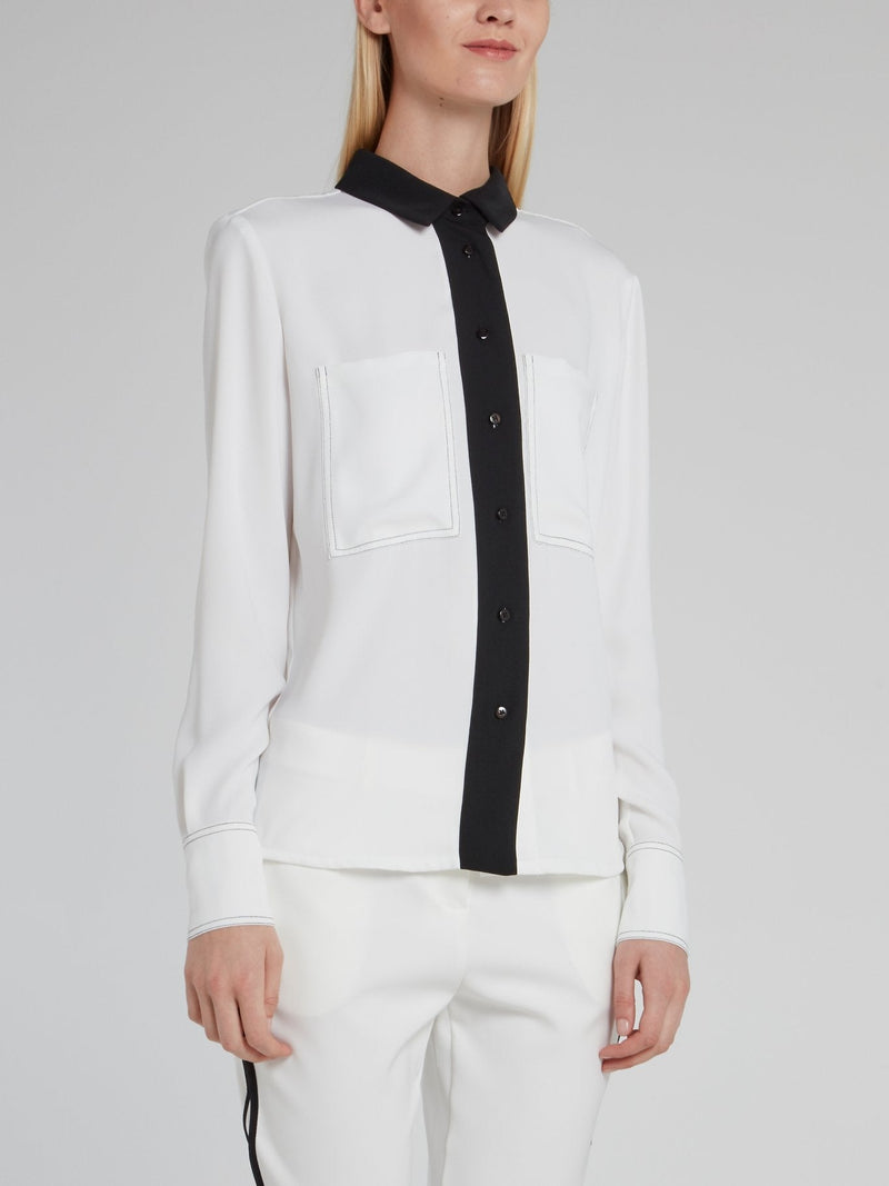 White Contrast Detail Long Sleeve Top