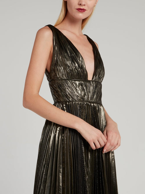 Riley Metallic Olive Décolleté Pleated Dress