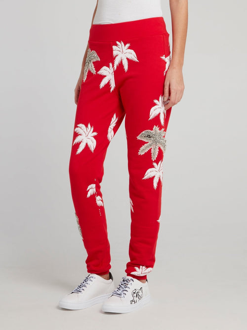 Aloha Plein Red Embellished Waistband Track Pants