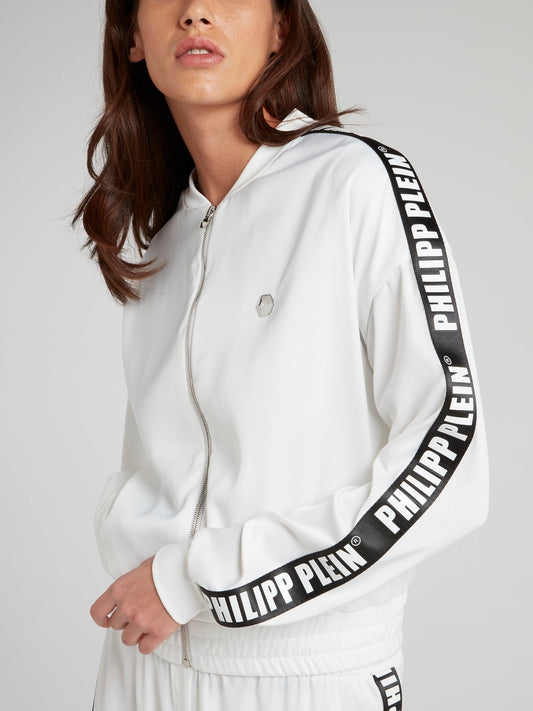 White Logo Side Stripe Zip Up Jacket