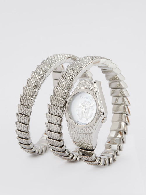 Roberto Cavalli by Franck Muller Silver Snake Spiral Bracelet Watch