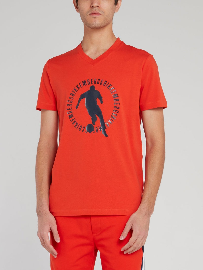 Orange Sport Print V-Neck T-Shirt