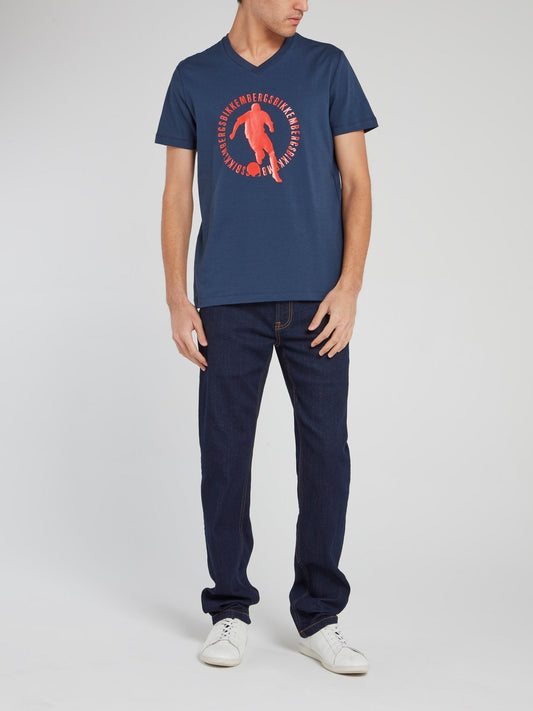 Navy Sport Print V-Neck T-Shirt