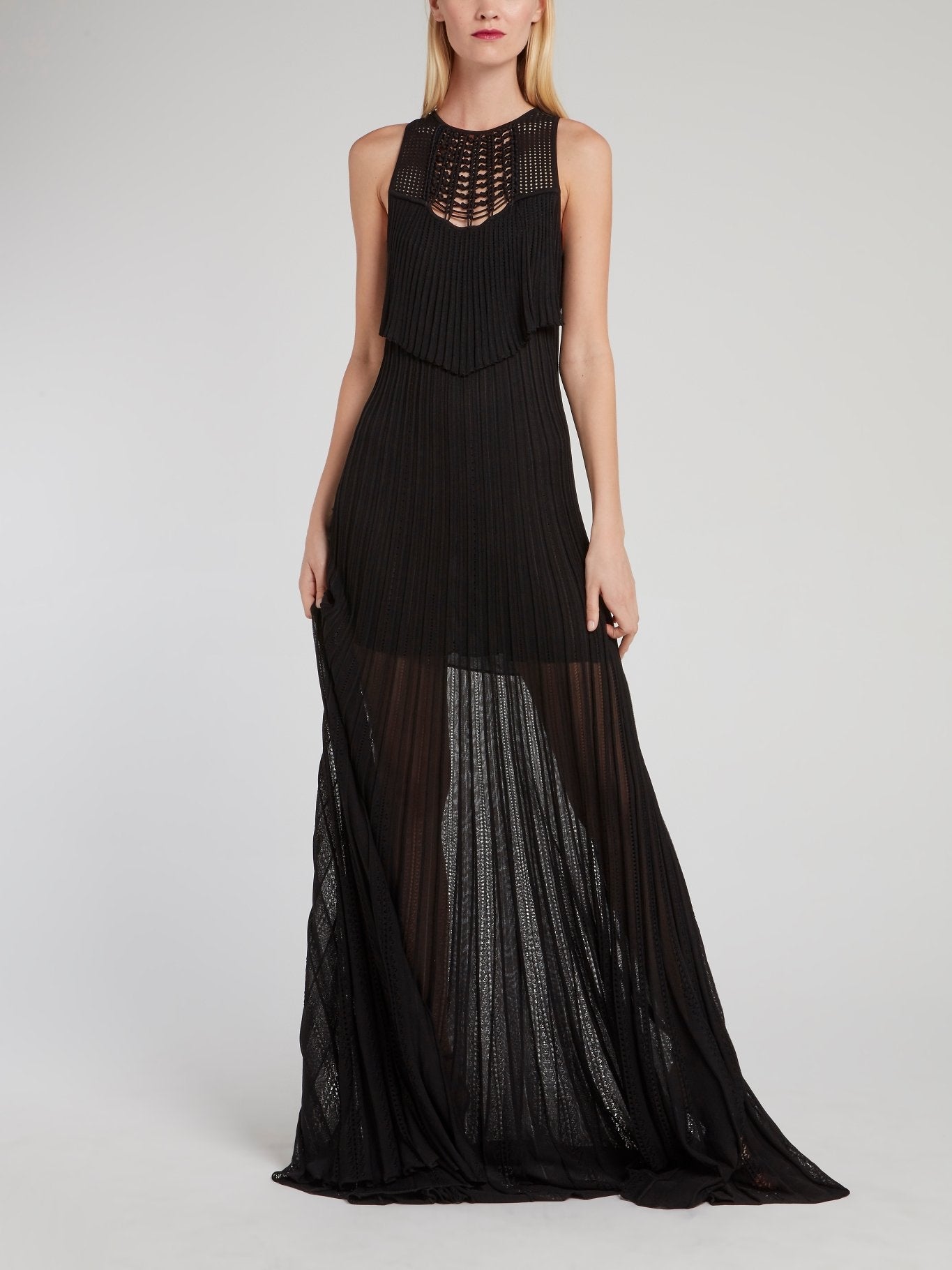 Black Pleated Sleeveless Lace Maxi Dress