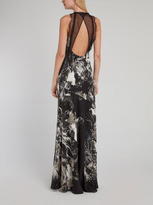 Black Lace Panel Plunge Maxi Dress