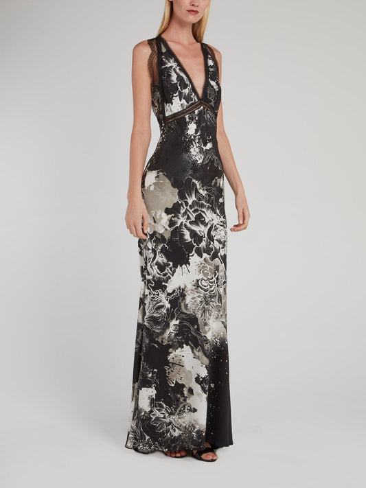 Black Lace Panel Plunge Maxi Dress