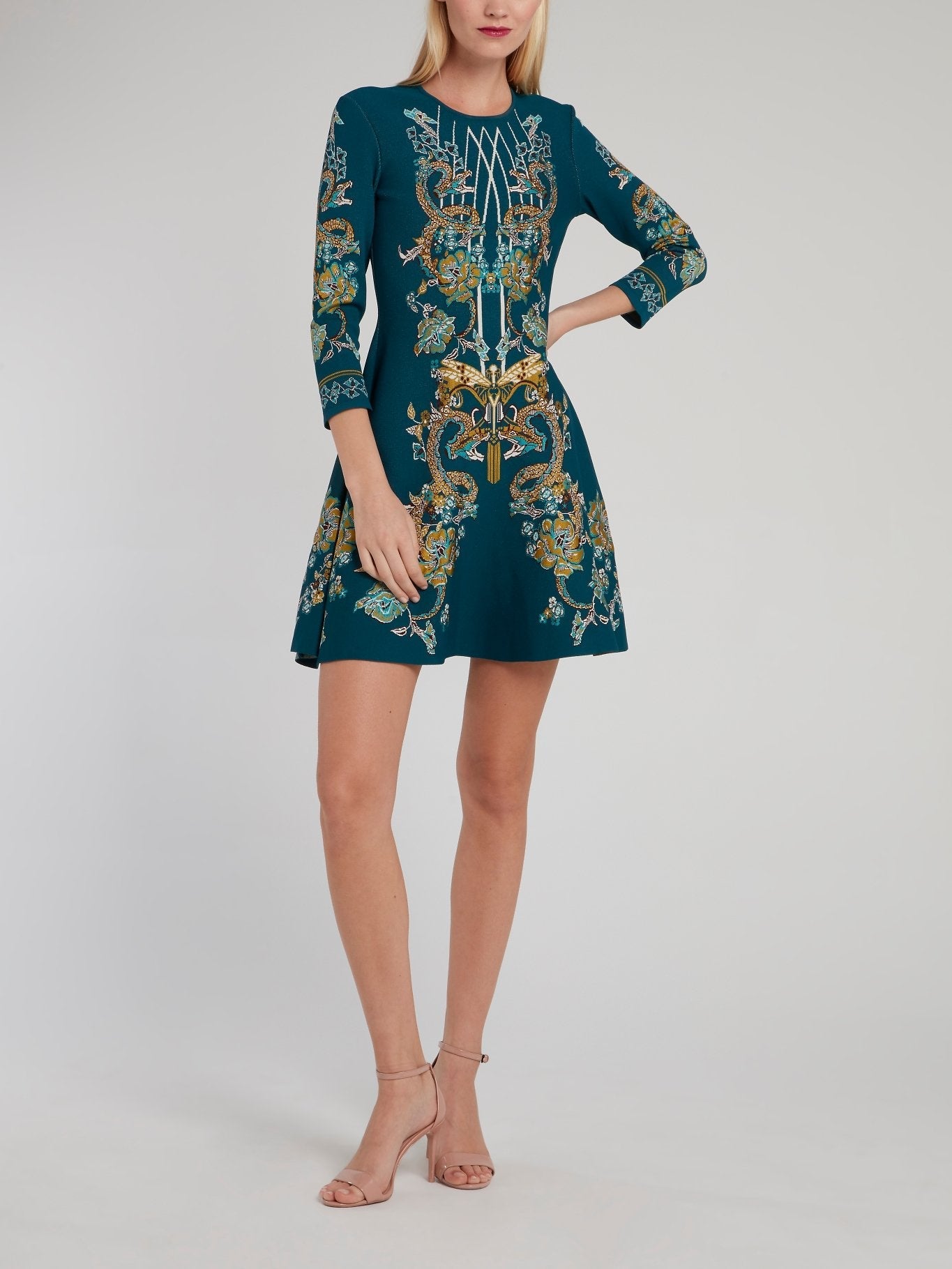 Three Quarter Sleeve Flared Mini Dress