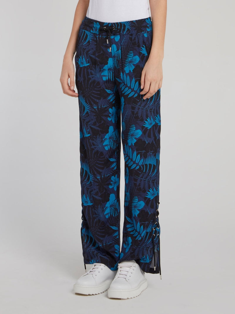 Navy Floral Print Wide Leg Pants