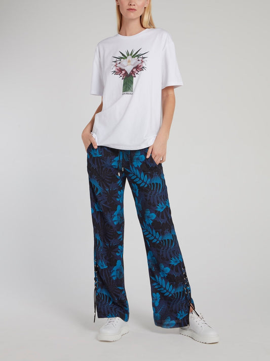 Navy Floral Print Wide Leg Pants