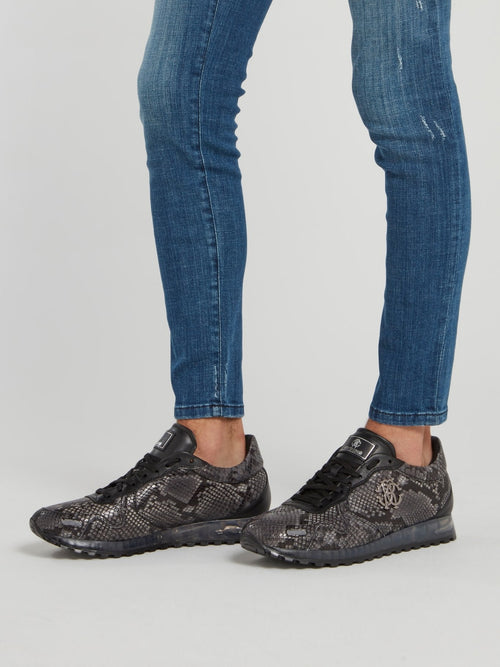 Grey Python Embossed Panel Sneakers