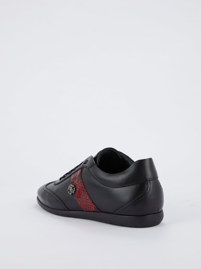 Black with Red Python Panel Leather Sneakers