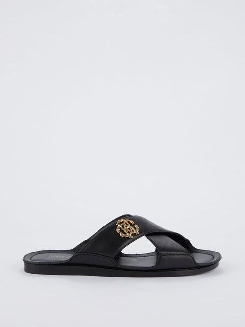 Black Logo Crossover Slide Sandals