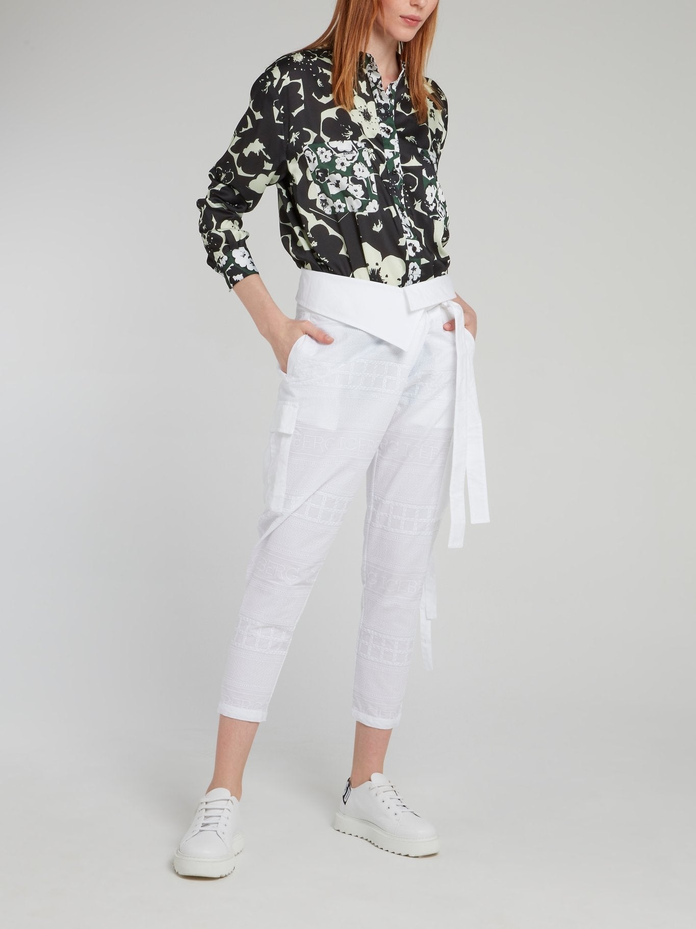 White Cropped Tie Front Pants