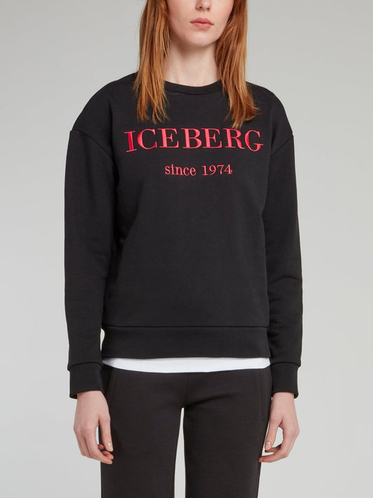 Black Logo Embroidered Cotton Sweatshirt