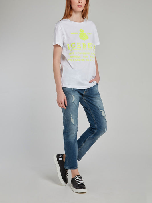 White with Neon Logo Embroidered T-Shirt