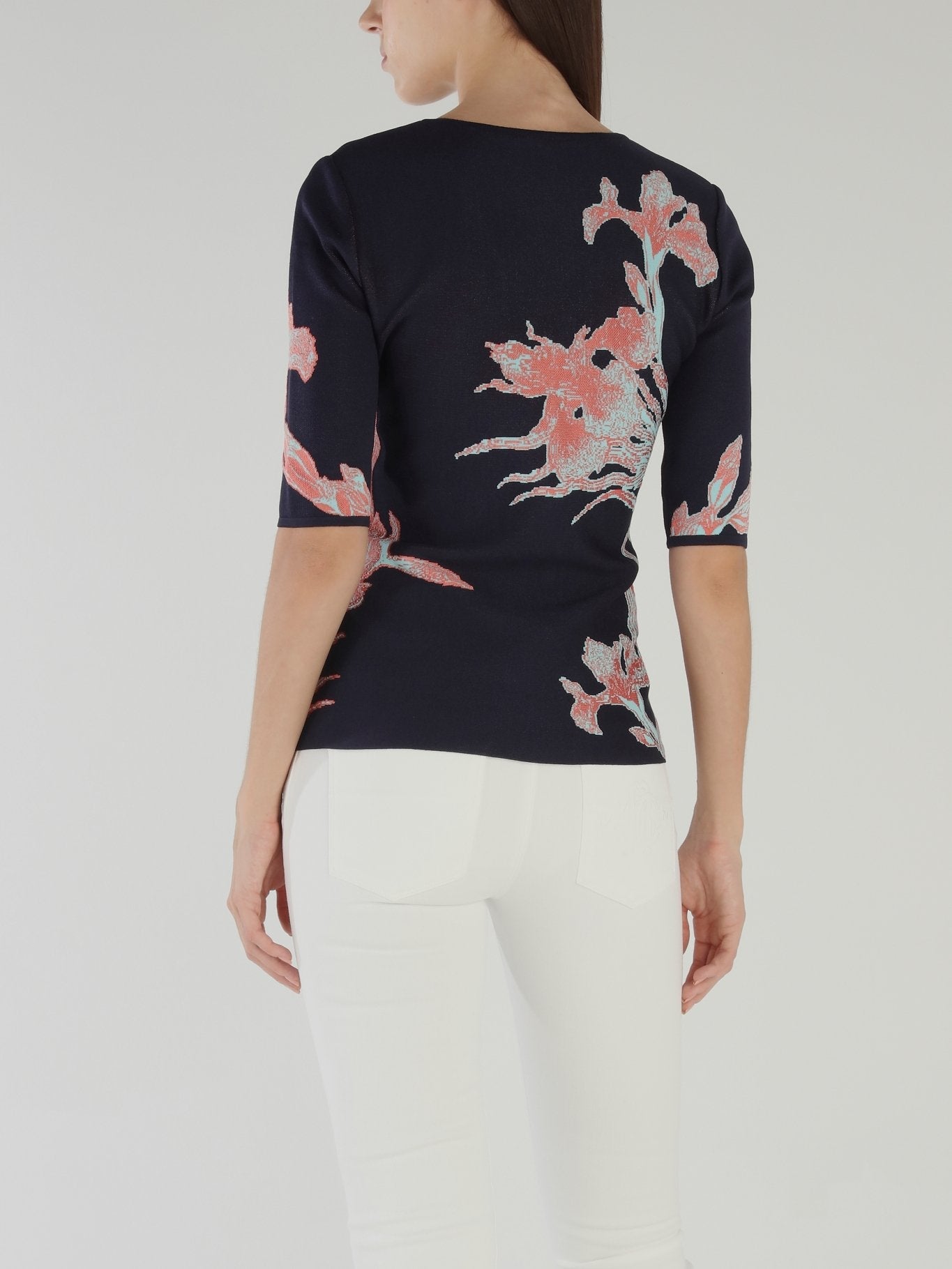 Navy Floral V-Neck Knit Top